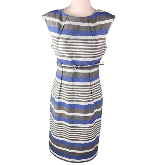 Calvin Klein Belted Sheath Dress Size 8 Striped Blue White Career Wedding Guest - Picture 1 of 12